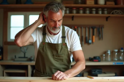 Homme adulte mesurant une planche en bois dans un atelier de bricolage à domicile bien organisé