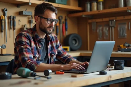 Un homme apprenant le bricolage en ligne sur un ordinateur portable dans son atelier personnel, entouré d'outils et d'équipements de sécurité