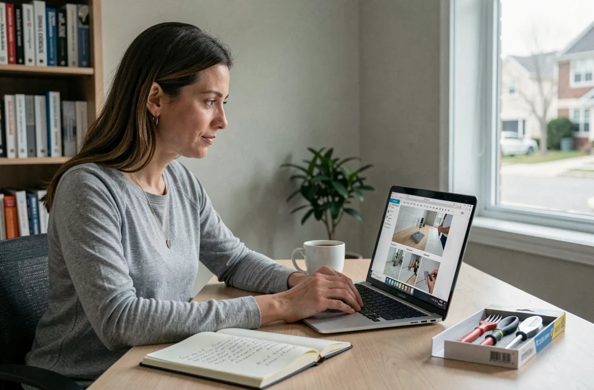 Femme suivant un cours de bricolage en ligne sur son ordinateur portable depuis son bureau à domicile