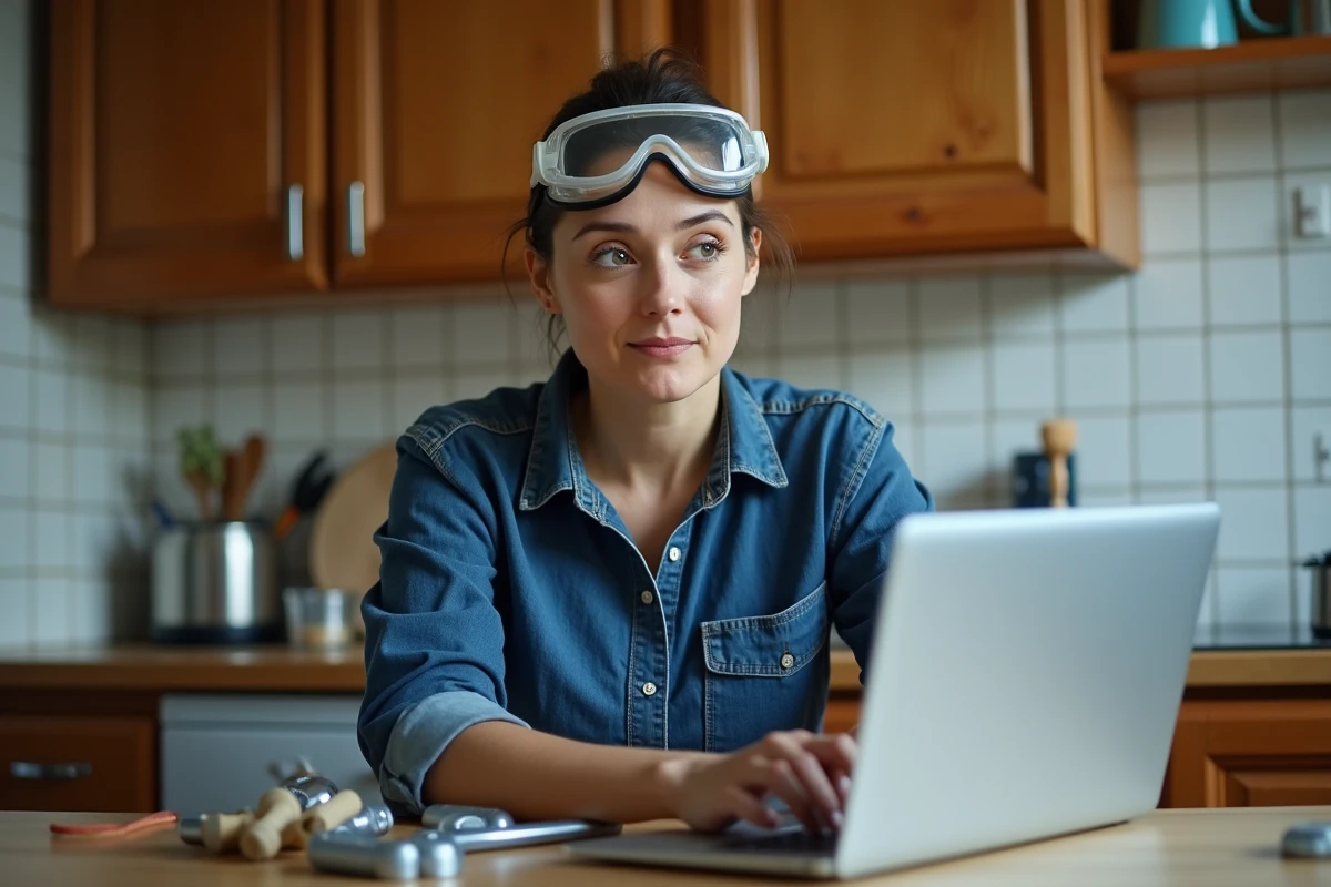 Femme suivant un cours de bricolage en ligne sur ordinateur portable dans sa cuisine