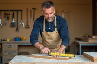 Homme mesurant une planche en bois dans un atelier de bricolage lors de travaux de rénovation à domicile