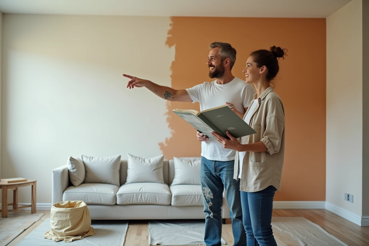 Couple consultant un guide de bricolage devant un mur fraîchement peint lors de travaux de rénovation d'un salon