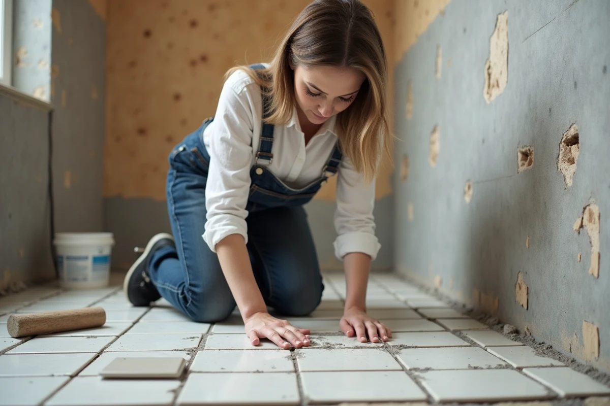 Femme posant des carreaux de céramique sur le sol d'une salle de bain en cours de rénovation