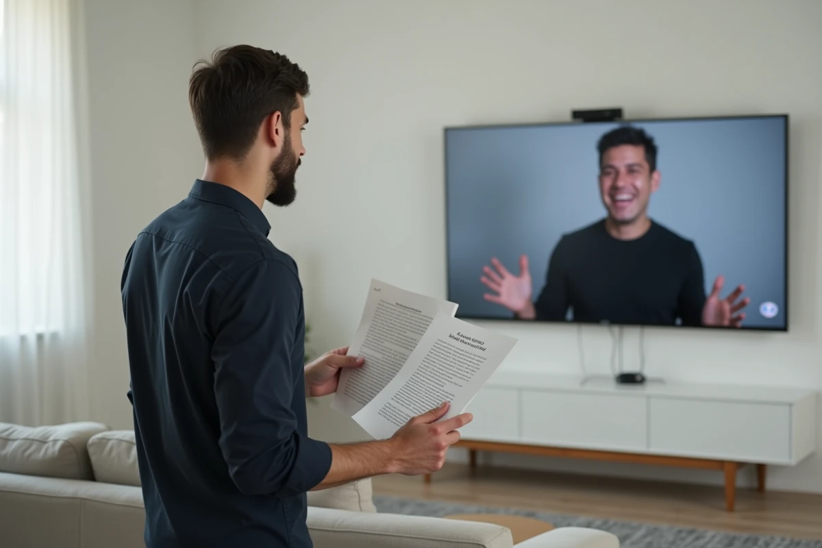 Homme répétant un monologue seul chez lui lors d'un cours de théâtre en ligne avec un professeur visible sur grand écran