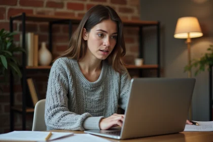 Jeune femme apprenant le théâtre en ligne depuis son studio à domicile, regardant un cours d'acting sur son ordinateur portable
