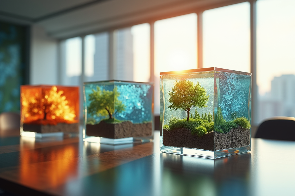 Cubes en acrylique avec paysages illustrant feu eau terre et air