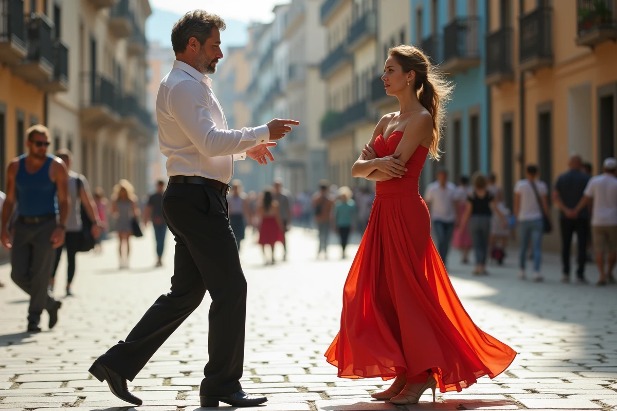 Couple de danseurs en dispute dans un espace urbain