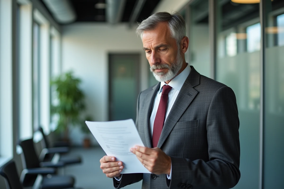 Directeur d'entreprise relisant une lettre de recommandation professionnelle pour un salarié en contrat à durée déterminée