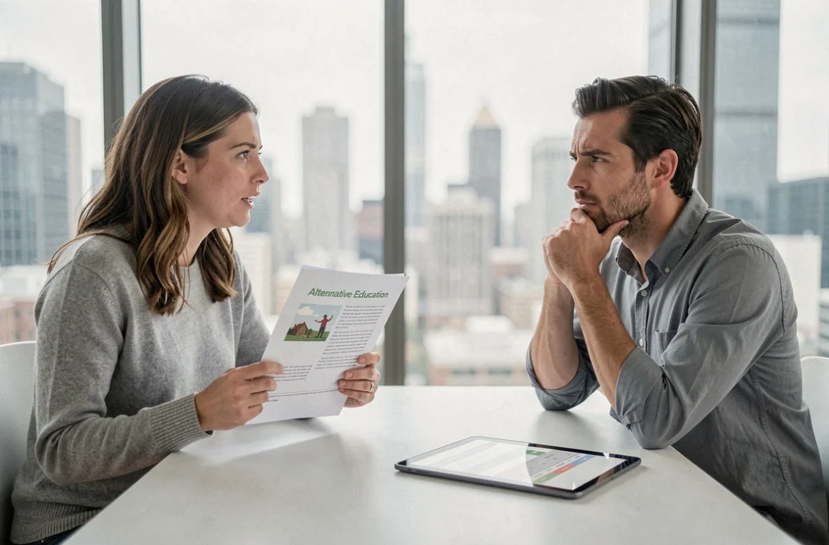Deux parents discutent de l'éducation alternative autour d'une table avec des documents imprimés, l'un convaincu et l'autre hésitant dans un appartement moderne
