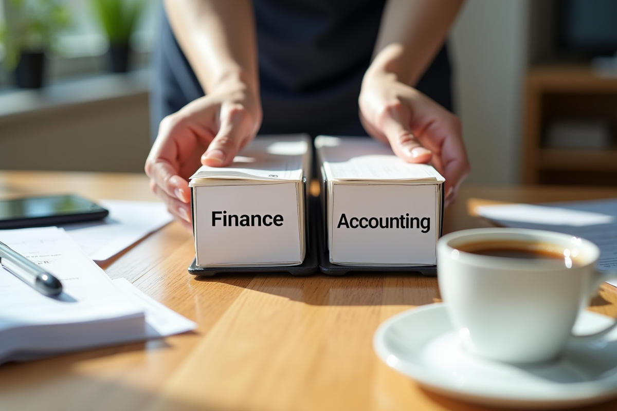 Mains organisant dossiers finance et comptabilite sur une table