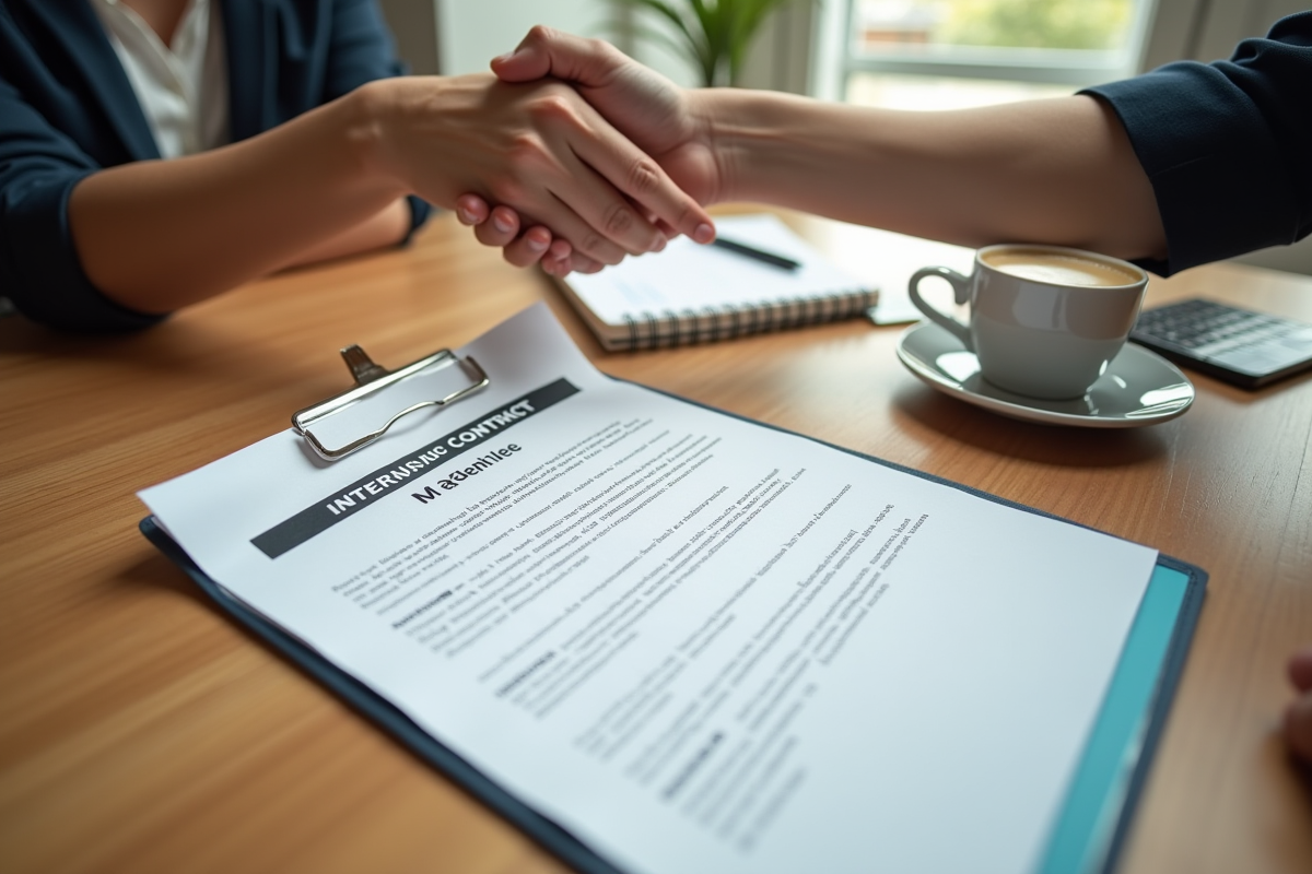 Mains échangeant un contrat de stage avec café et fournitures dans un bureau ensoleille