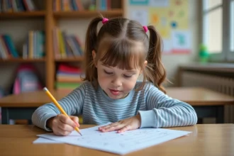 Jeune élève de CE1 faisant un exercice imprimé à son bureau en classe