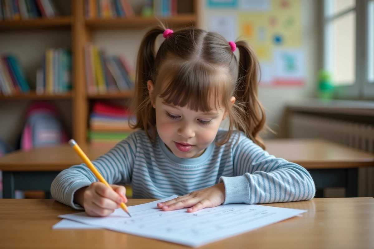 Jeune élève de CE1 faisant un exercice imprimé à son bureau en classe
