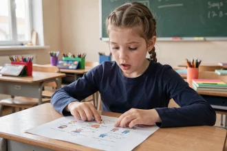 Élève de CE1 lisant un texte de fluence à voix haute sur une feuille imprimée dans une salle de classe