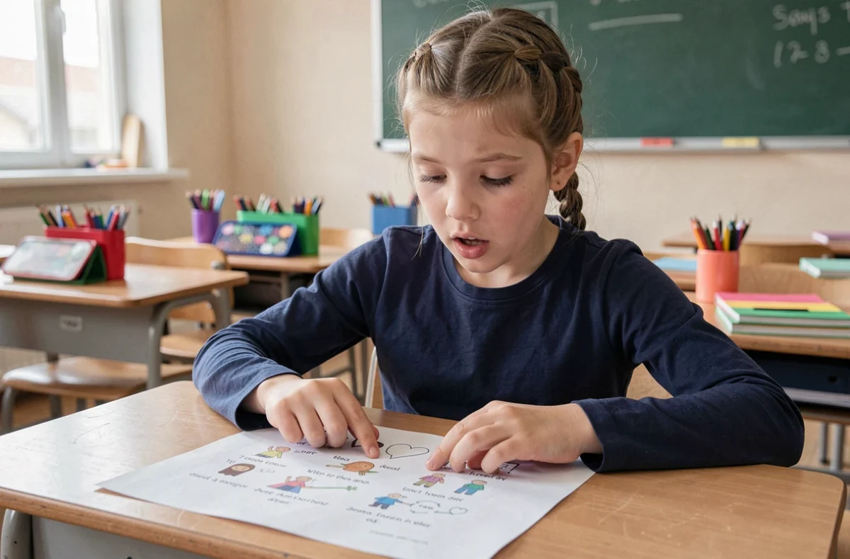 Élève de CE1 lisant un texte de fluence à voix haute sur une feuille imprimée dans une salle de classe