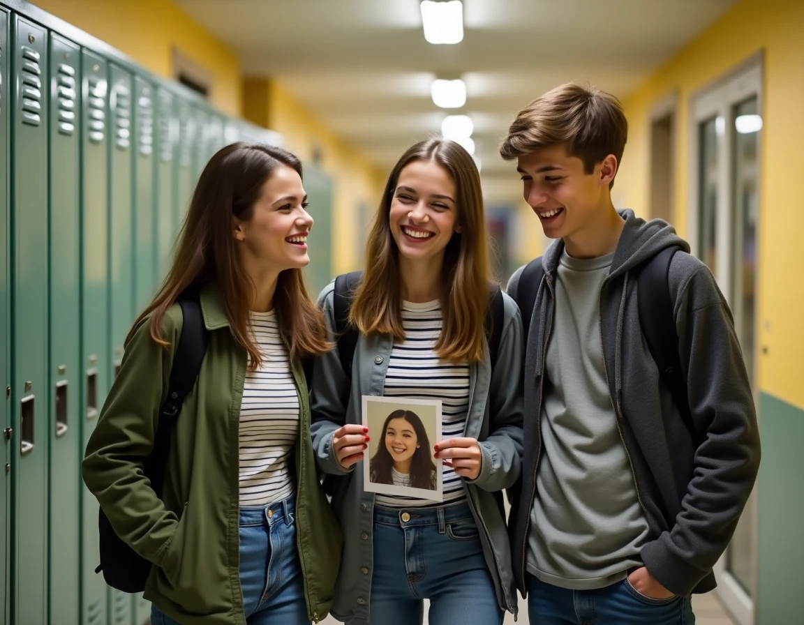 Groupe d'élèves du collège Jean Rostand regardant ensemble leurs photos souvenirs de classe dans le couloir
