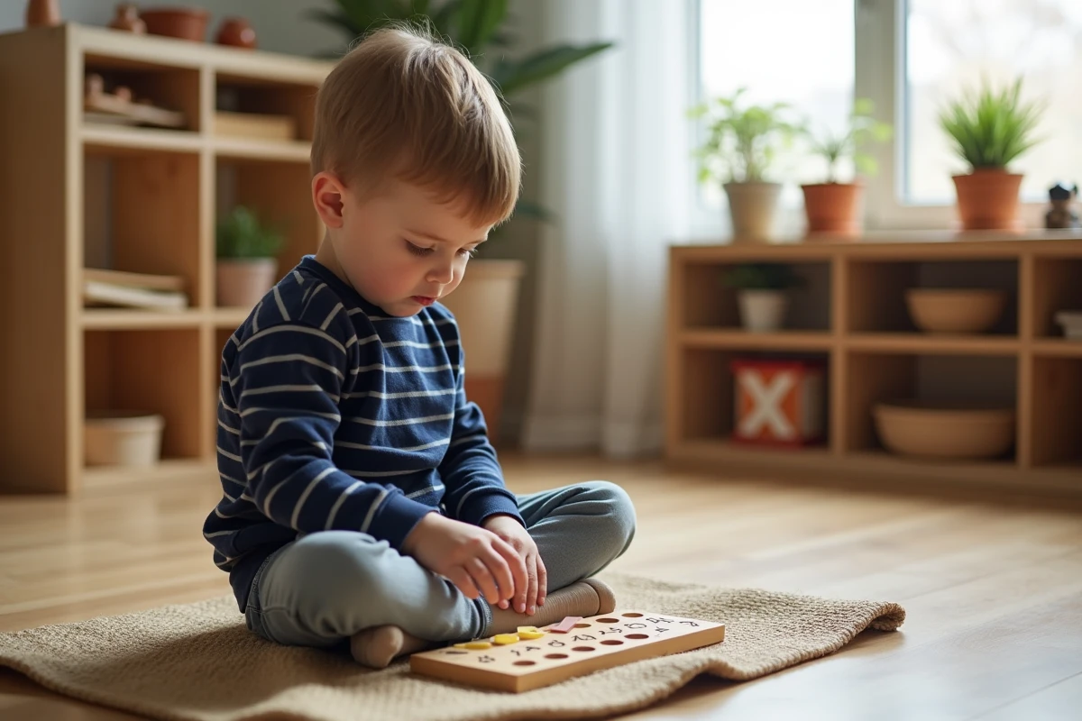 Enfant en classe Montessori plaçant des tuiles numérotées sur une table de multiplication, illustrant une erreur fréquente de débutant