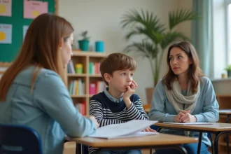 Garçon de 10 ans avec mère dans une classe chaleureuse