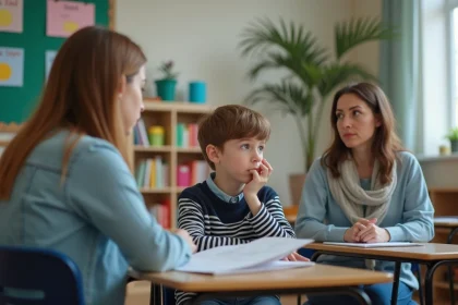 Gar&ccedil;on de 10 ans avec m&egrave;re dans une classe chaleureuse