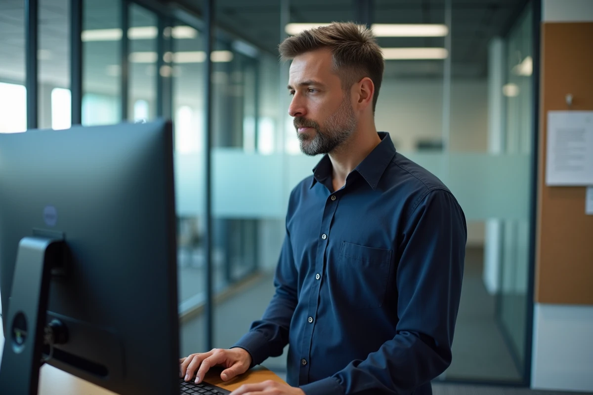 Enseignant consultant son espace numérique sécurisé PIA sur un ordinateur de bureau professionnel