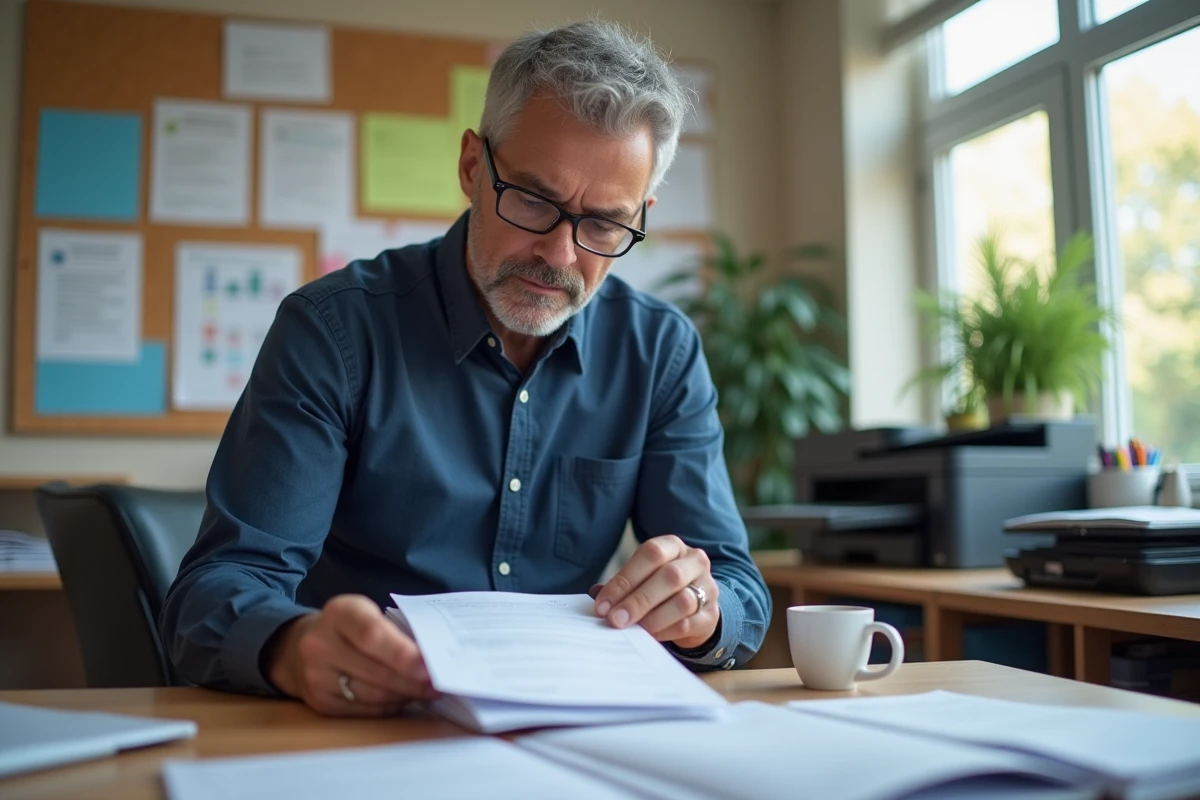 Enseignant préparant des fiches d'exercices imprimées pour ses élèves de CE1