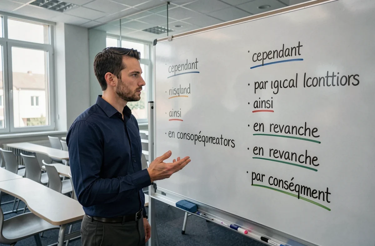 Enseignant expliquant la liste des connecteurs logiques sur un tableau blanc en classe