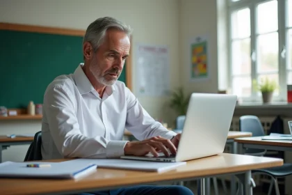 Professeur concentr&eacute; &agrave; son bureau en classe moderne