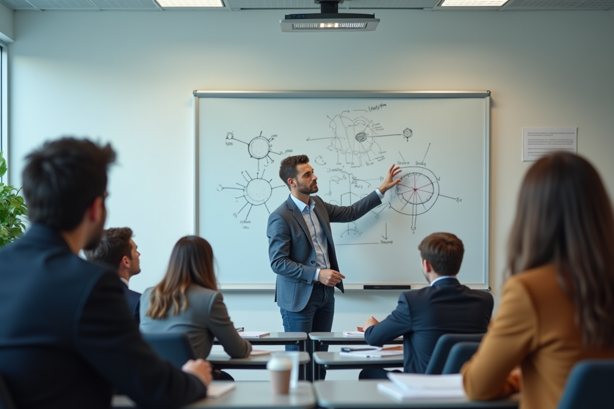 Enseignant expliquant un concept scientifique en classe moderne