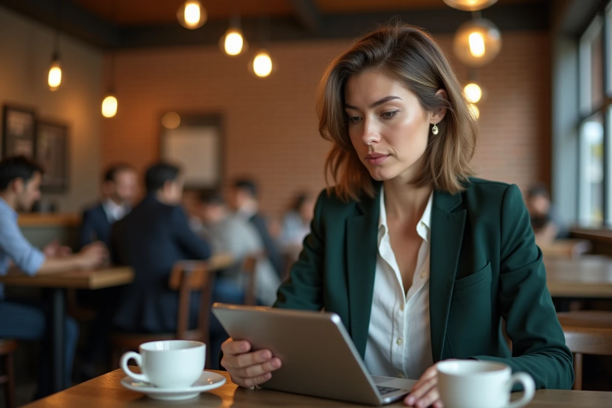 Enseignante gérant sa boîte mail académique de Bordeaux sur une tablette dans un café