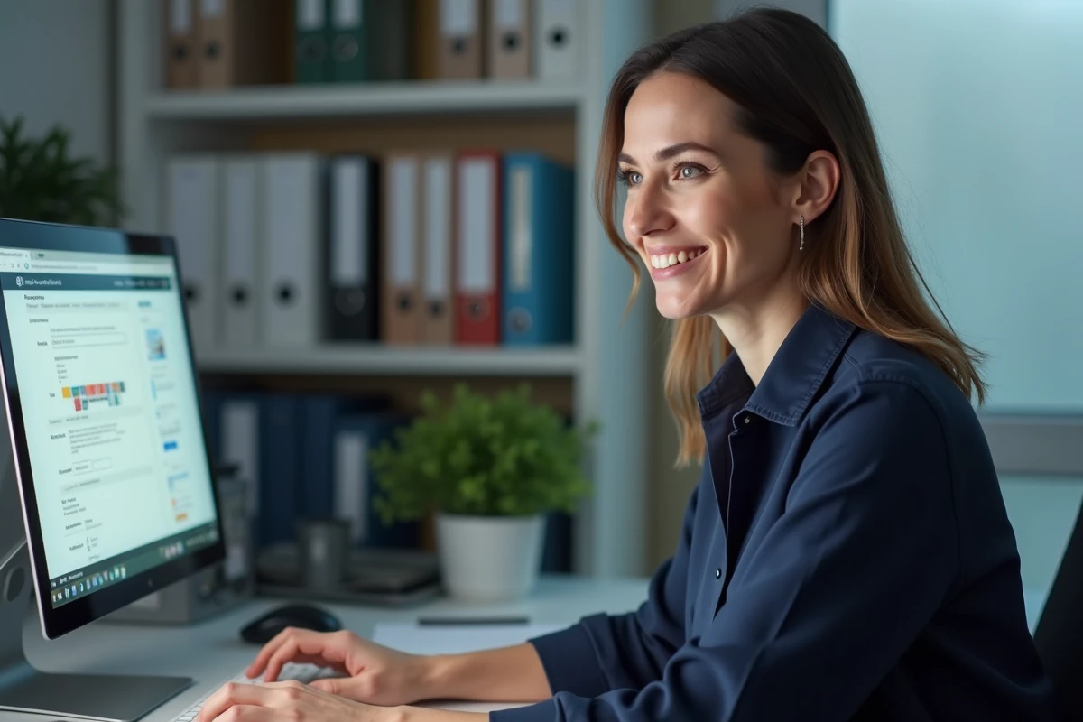 Enseignante utilisant le portail iProf sur un ordinateur dans un bureau scolaire administratif