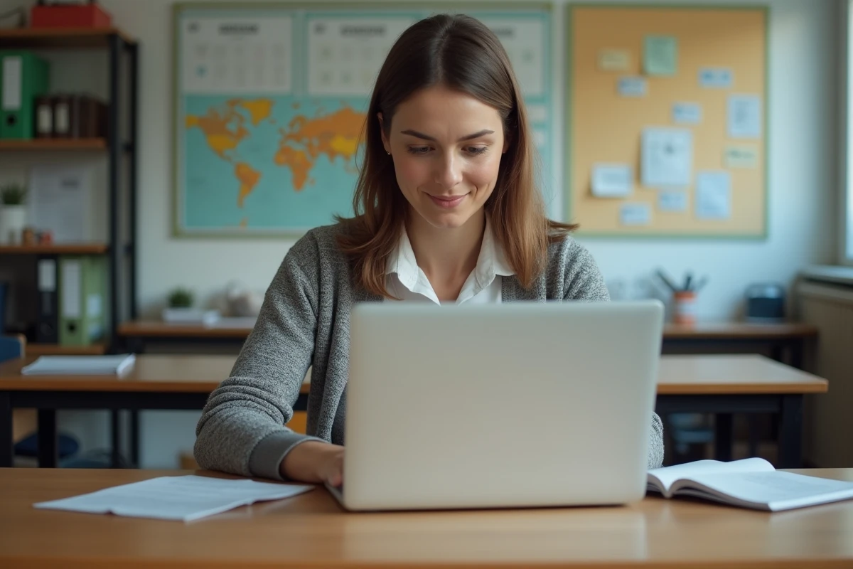 Enseignante femme en blouse dans une salle de staff
