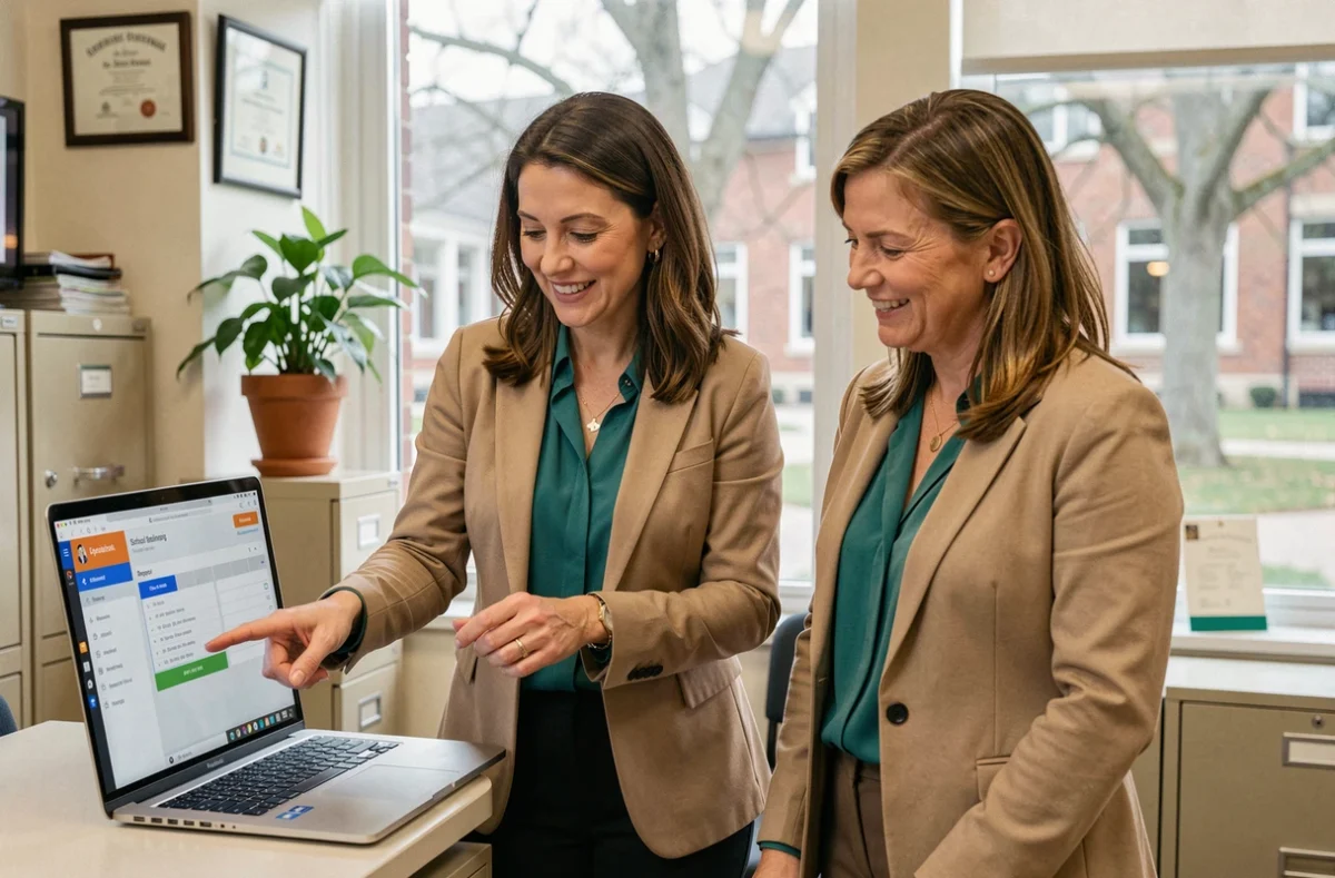 Deux enseignantes collaborant sur le portail administratif Ecole Direct dans un bureau scolaire