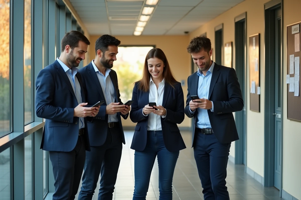 Trois enseignants français vérifiant leurs emails dans un couloir