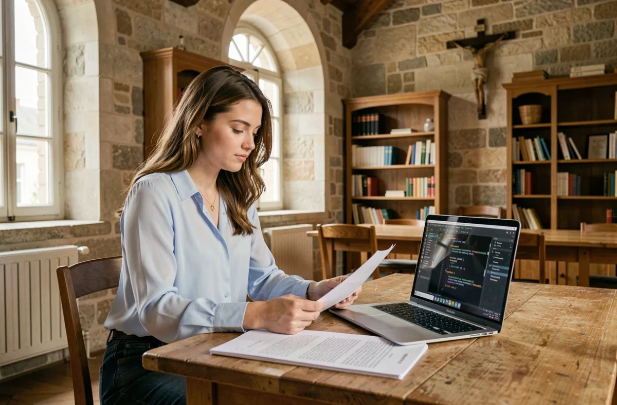 Étudiante révisant ses cours d'informatique dans la salle d'étude de l'Enseignement Supérieur Saint-Joseph Dijon