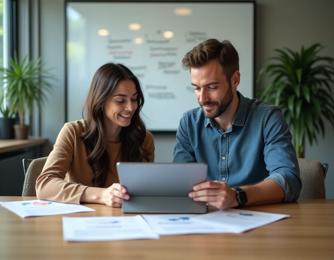 Deux professionnels du marketing discutant d'un abonnement à une plateforme de formation en salle de réunion
