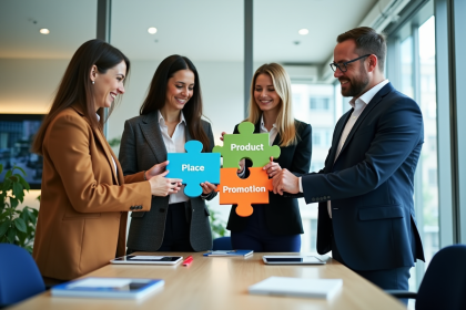 Quatre professionnels du marketing autour d'un puzzle en bureau