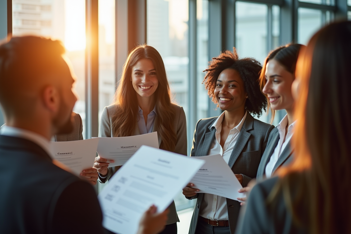 Groupe de professionnels recevant des certificats dans un bureau lumineux