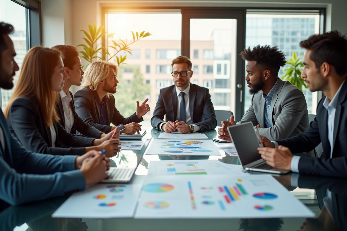 Groupe de professionnels autour d'une table moderne en réunion