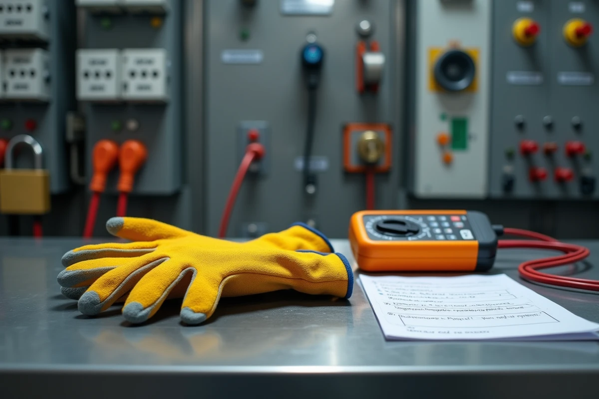 Équipements de sécurité électrique sur un établi de formation : gants isolants, multimètre numérique et cadenas de consignation
