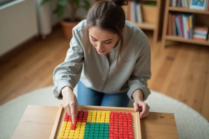 Éducatrice Montessori débutante découvrant la table de multiplication interactive avec des perles rouges et des tuiles numérotées sur un sol en bois