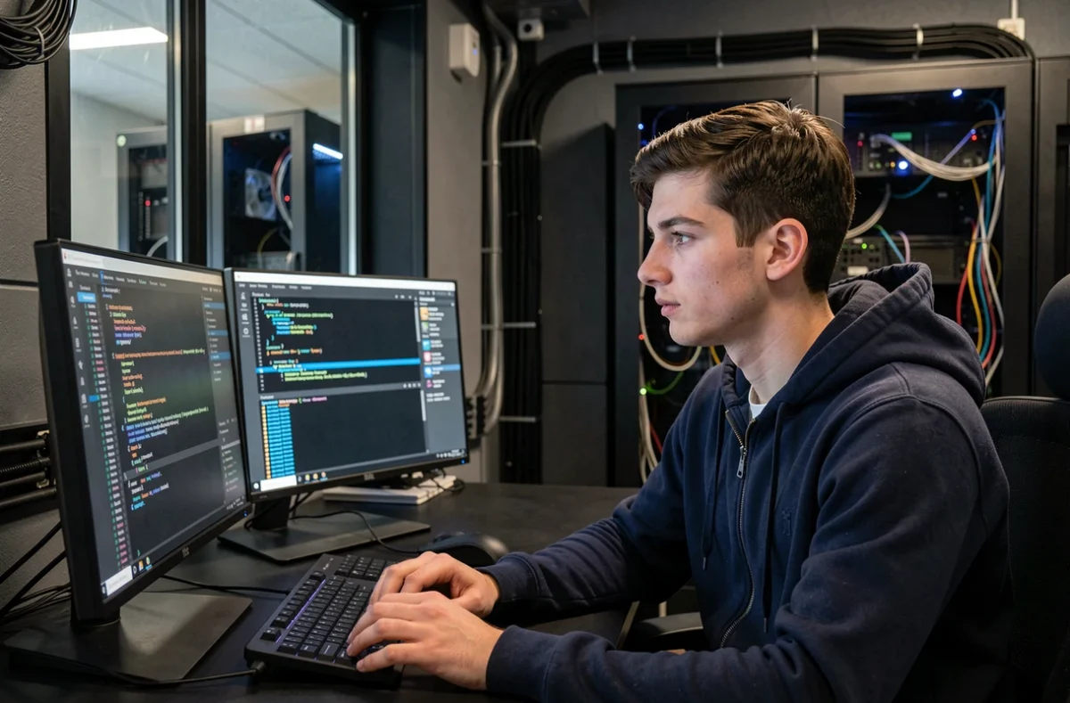 Étudiant en cybersécurité travaillant sur des tests d'intrusion dans un laboratoire moderne de l'ESGI Dijon