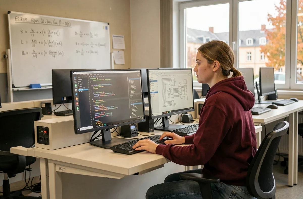Étudiante travaillant sur des systèmes embarqués dans un laboratoire informatique de l'ESIREM Dijon