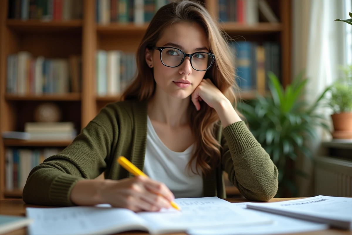 Jeune femme qui étudie les classes grammaticales avec des exercices corrigés sur un bureau en bois
