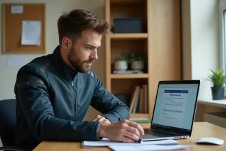 Jeune motard étudiant le code de la route moto sur ordinateur et avec un livret officiel à son bureau