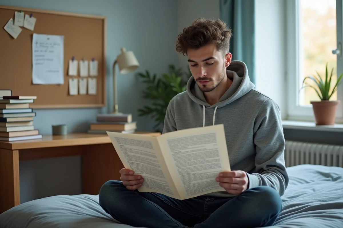 Étudiant analysant un exemple de dissertation littéraire imprimée dans sa chambre universitaire avec des fiches au mur