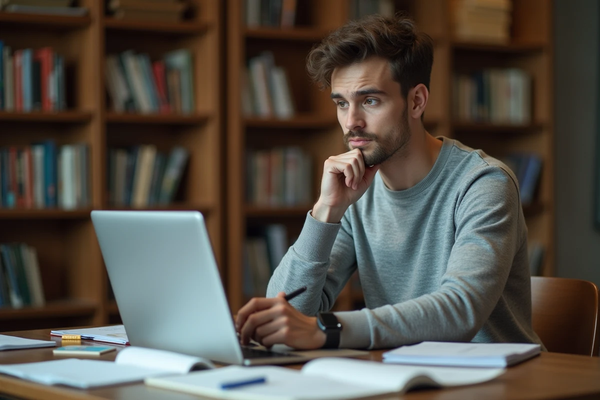 Étudiant en bibliothèque rédigeant la formule de clôture de sa lettre de motivation pour un stage