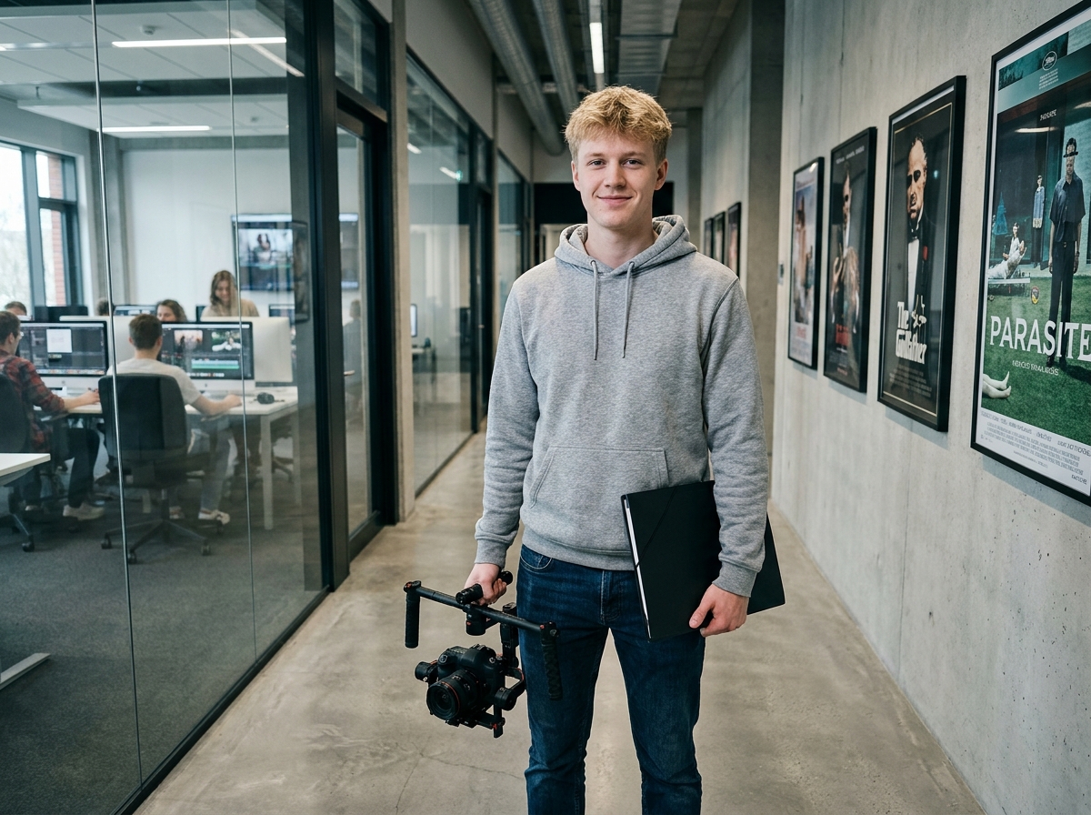 Étudiant en école audiovisuelle dans le couloir d'un campus moderne avec matériel de tournage