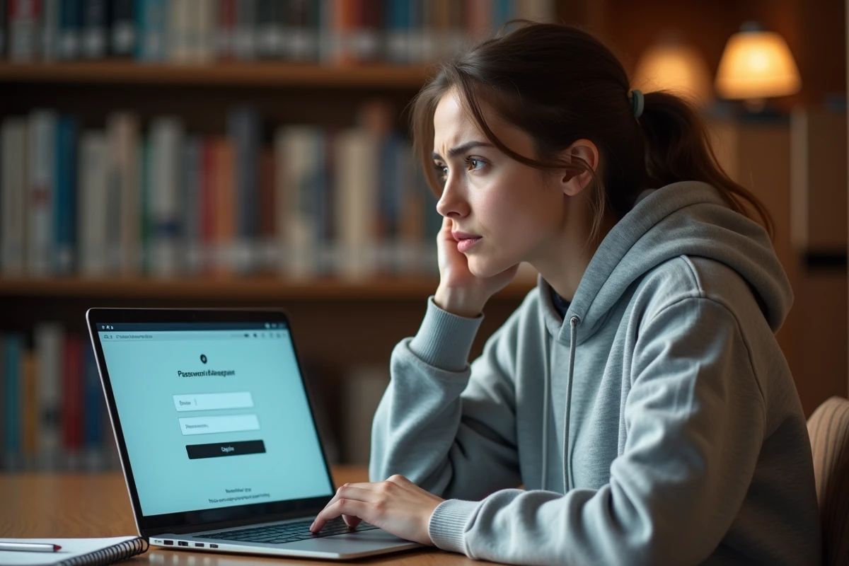 Étudiante frustrée devant un formulaire de réinitialisation de mot de passe sur l'ENT CESI dans une bibliothèque universitaire