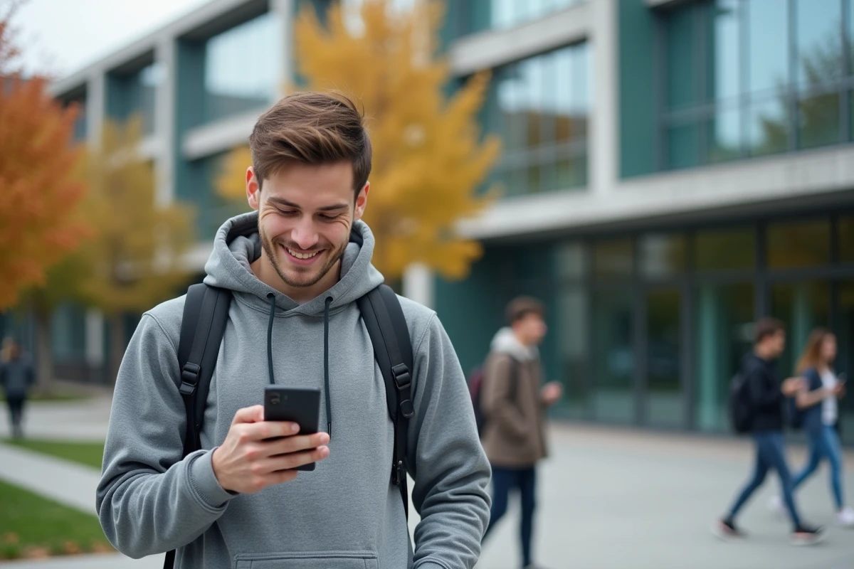 Étudiant consultant ses notes et relevé de notes sur l'application LEO UGA devant le campus universitaire