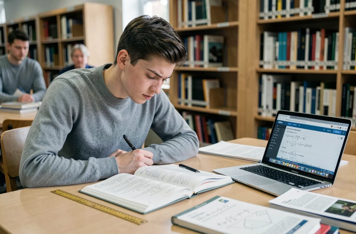 Étudiant en terminale qui prépare ses révisions de mathématiques dans une bibliothèque avec un manuel scolaire et un ordinateur portable avant le bac